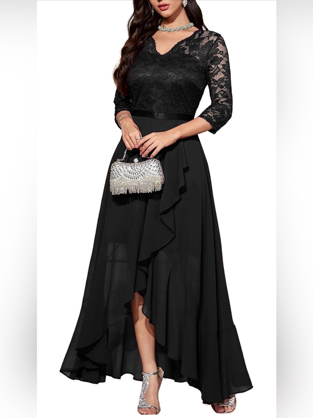 NWT Black Lace High-Low Evening Dress with Three-Quarter Sleeves, XL - Picture 1 of 9